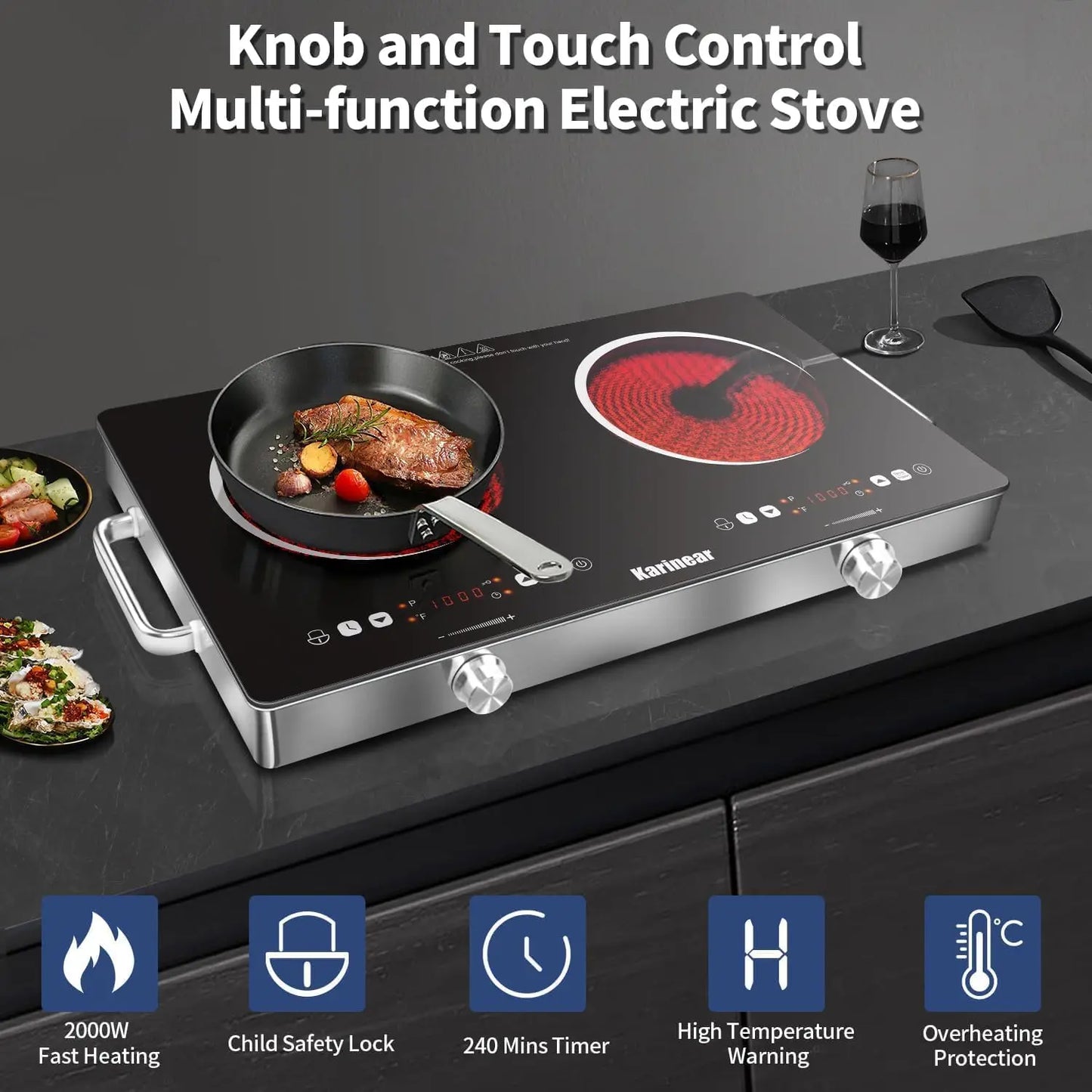 Karinear Dual Burner Ceramic Hob 3200W Safety Lock Compact