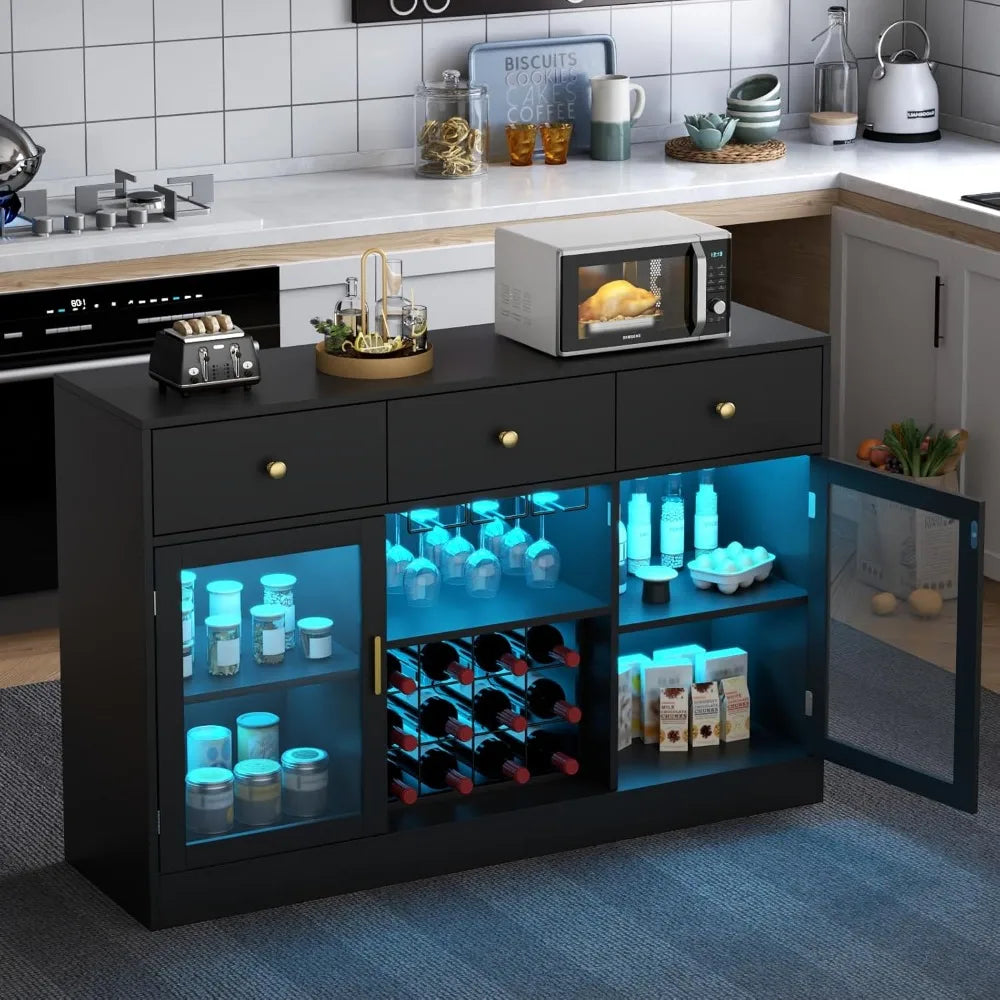 Wine Bar Cabinet With LED Light And Glass Rack Storage