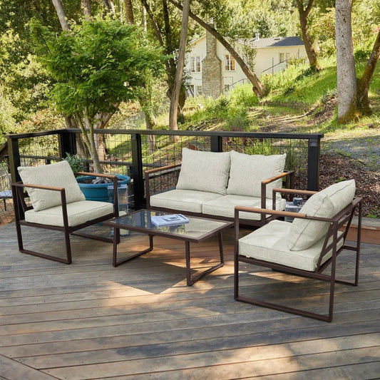 4 Piece Outdoor Patio Set With Sofa And Glass Table