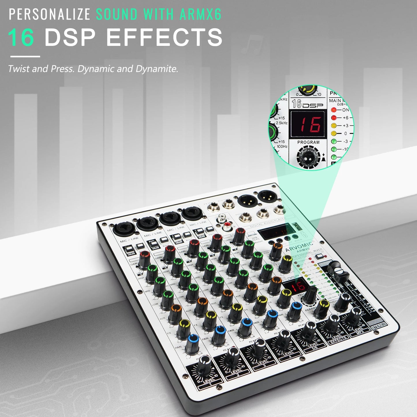 ARVOMIC 6-Channel DJ Mixer with Bluetooth and DSP Effects