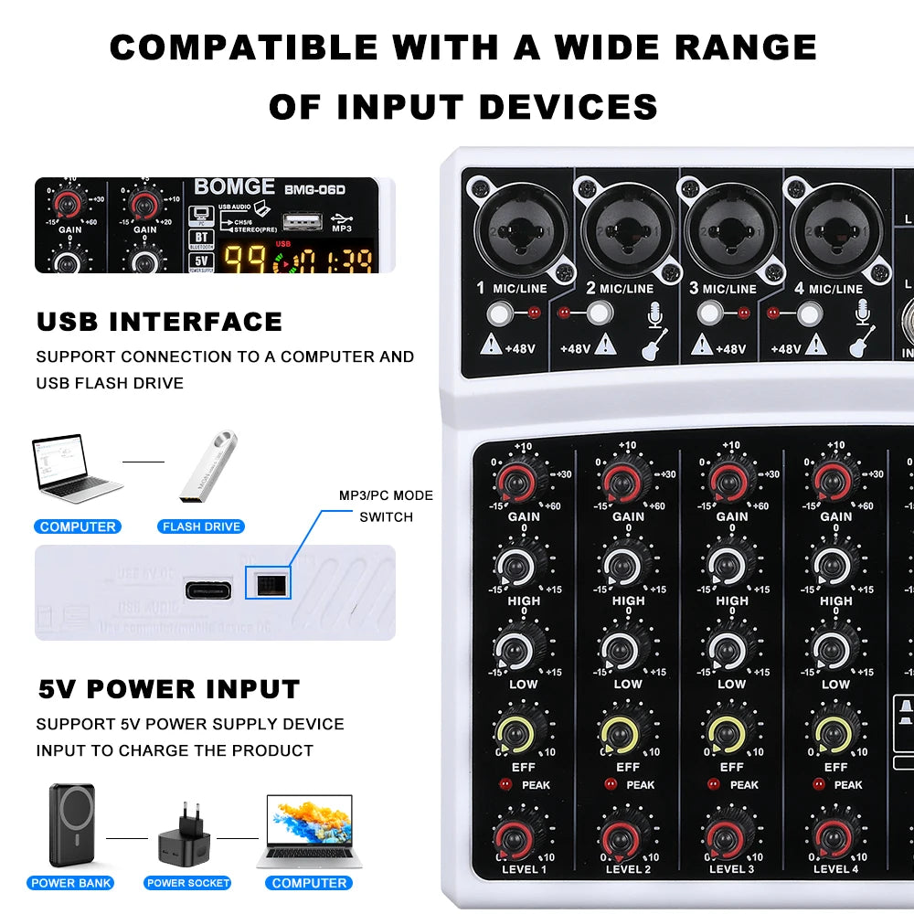 BOMGE Wireless 6 Channel Audio Mixer USB Sound Card