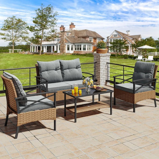 Outdoor Wicker Patio Conversation Set With Metal Table