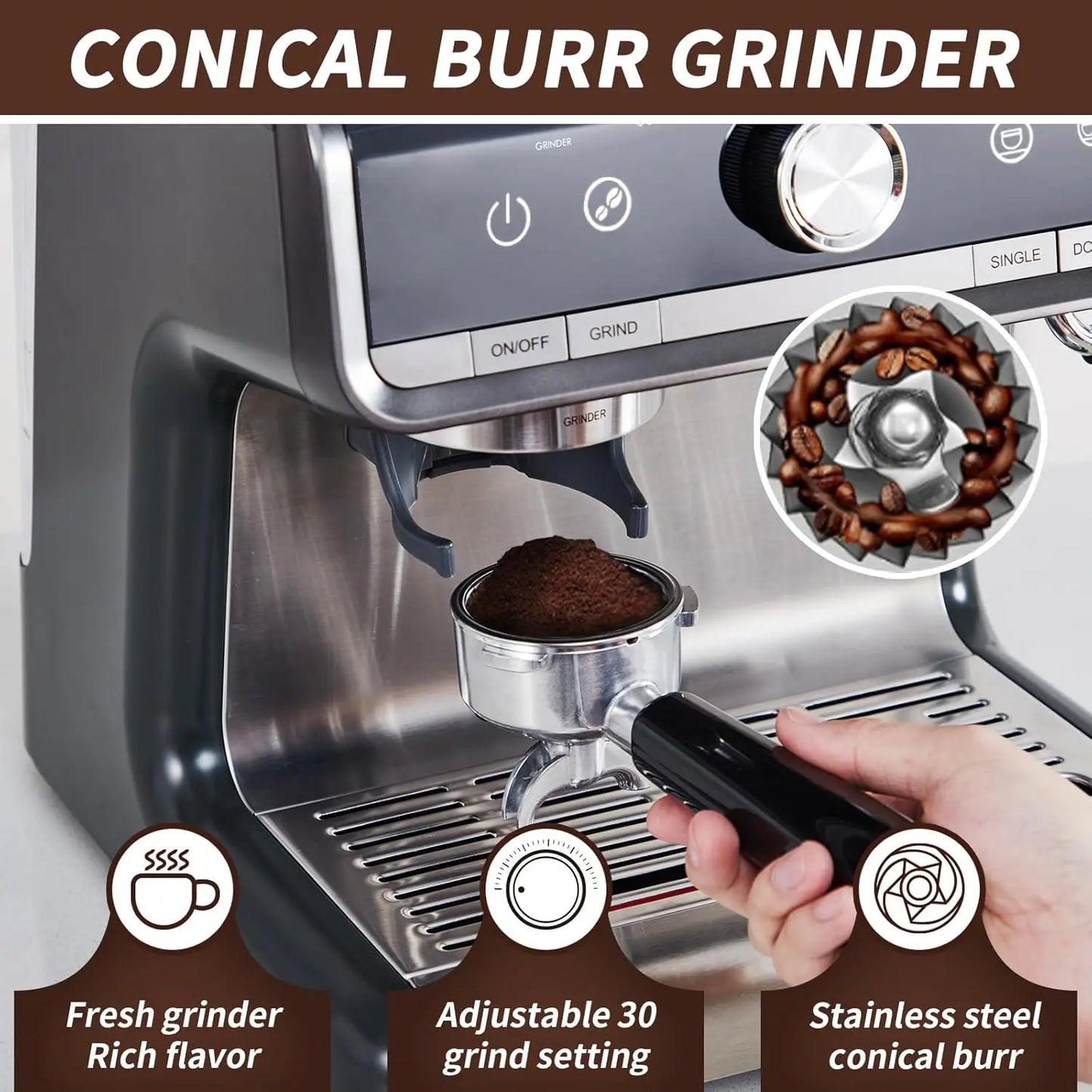 Espresso Machine With Grinder Milk Frother 20 Bar 1450W