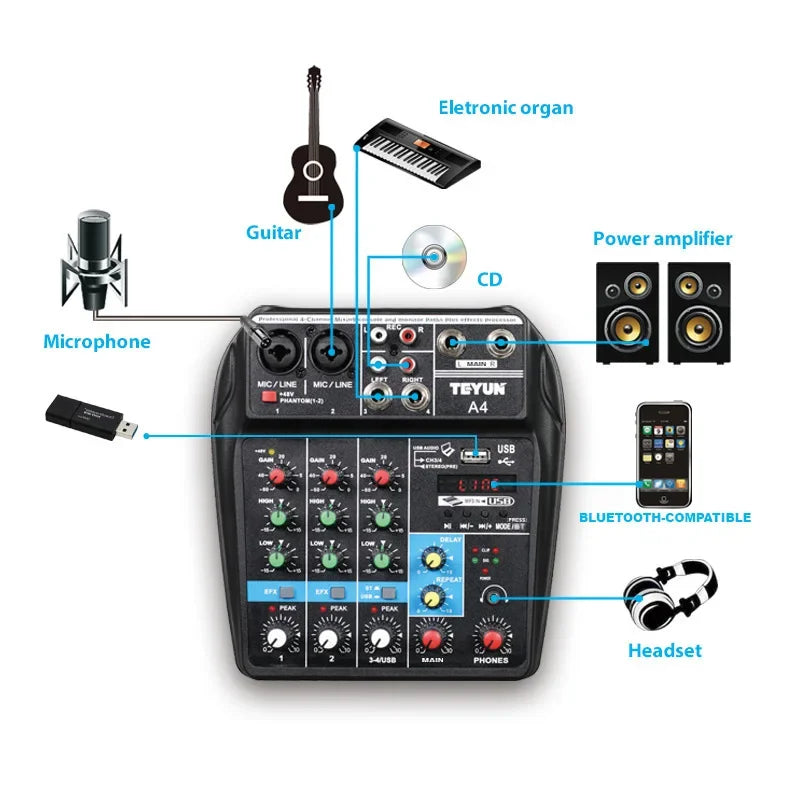 Teyun A4 4 Channel Audio Mixer with Bluetooth and USB