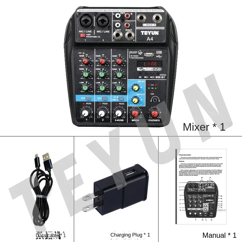 Teyun A4 4 Channel Audio Mixer with Bluetooth and USB