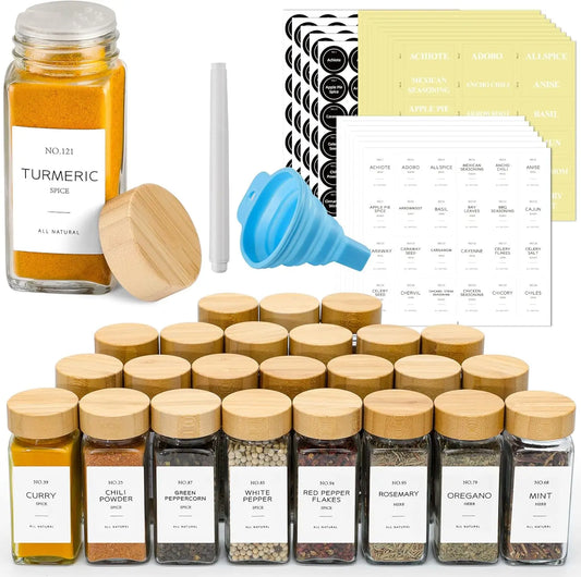 24 Piece Glass Spice Jars With Bamboo Lids 4 Oz Collapsible Funnel And Farmhouse Labels For Spice Rack