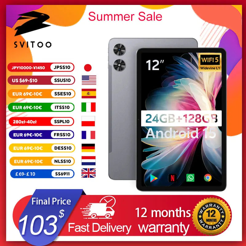 SVITOO 12 Inch Android Tablet 24GB 128GB Dual Camera 2K Display