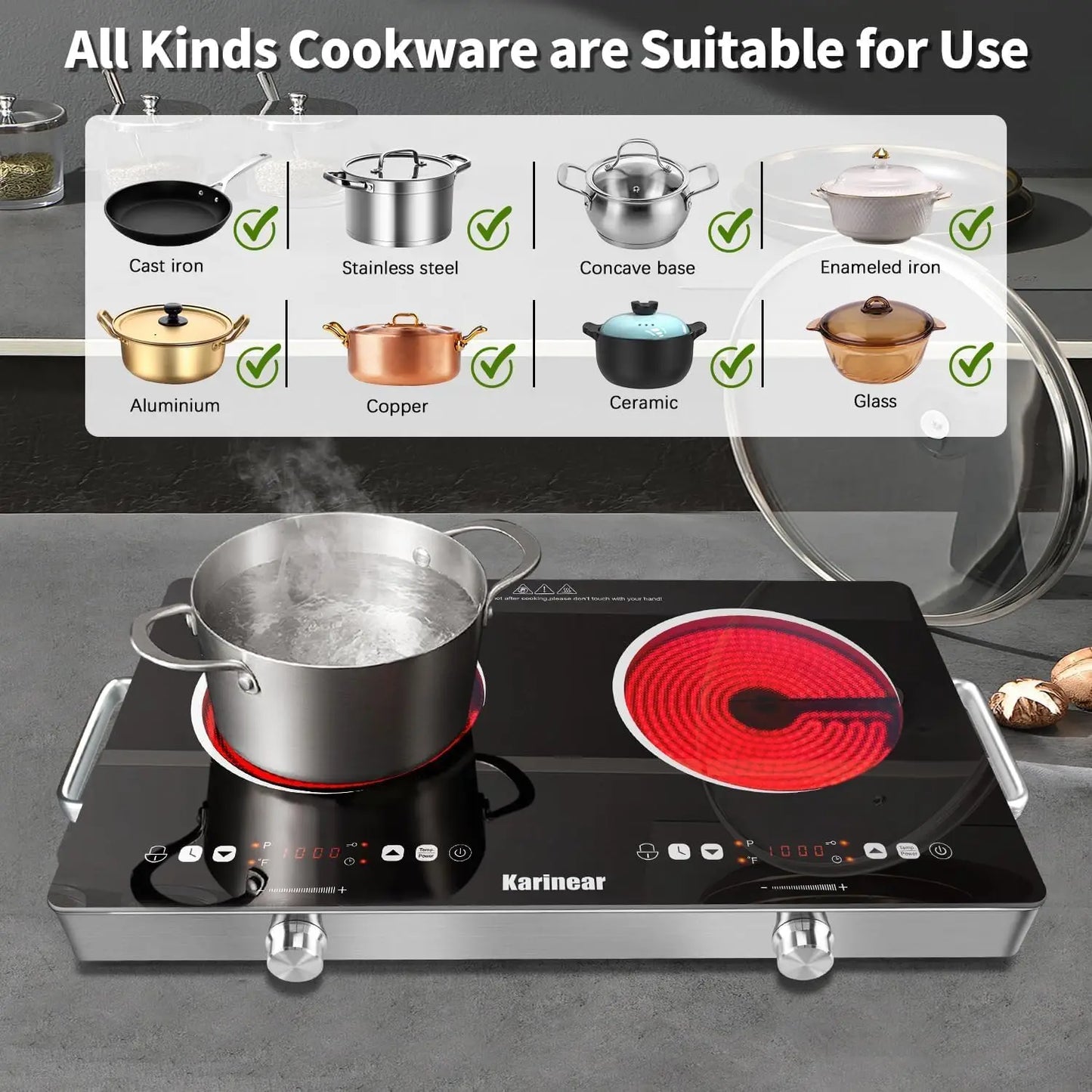 Karinear Dual Burner Ceramic Hob 3200W Safety Lock Compact