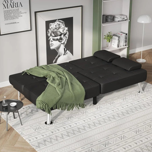 Home Black PU Leather Folding Futon Cup Holders Recliner