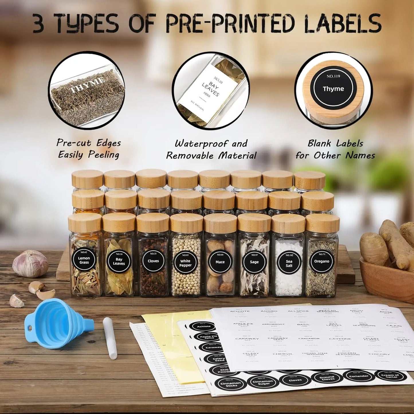 24 Piece Glass Spice Jars With Bamboo Lids 4 Oz Collapsible Funnel And Farmhouse Labels For Spice Rack