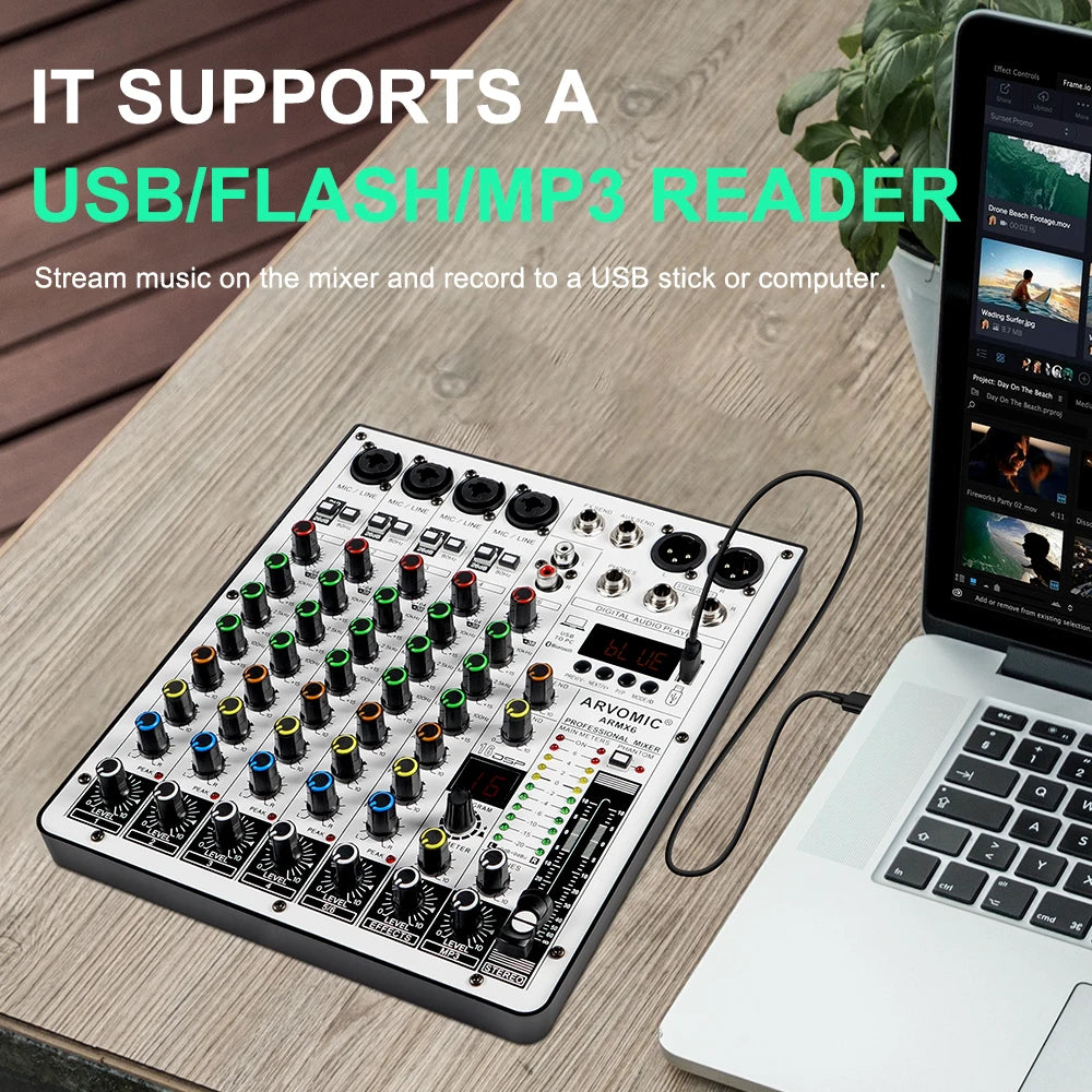 ARVOMIC 6-Channel DJ Mixer with Bluetooth and DSP Effects