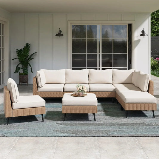 8 Piece Outdoor Sectional Sofa PE Rattan Patio Set Beige