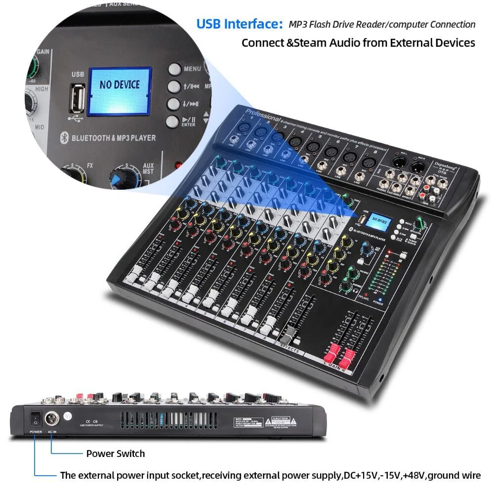 Professional 8 Channel Audio Mixing Console With Bluetooth