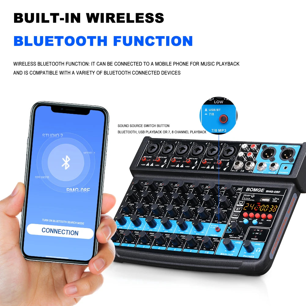 TAVOSOP 8 Channel Audio Mixer with Bluetooth and USB Recording
