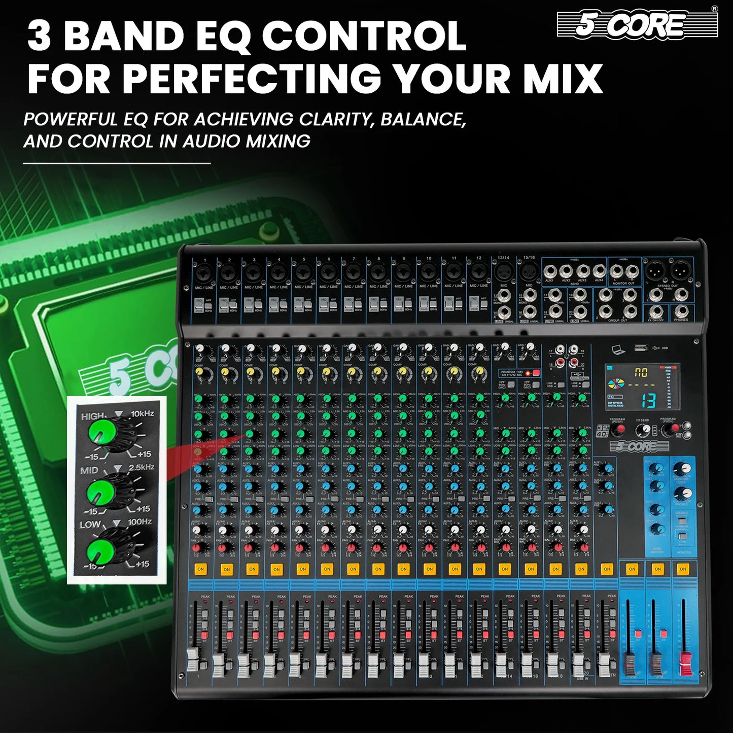 5 Core 20 Channel DJ Audio Mixer with USB Bluetooth Effects