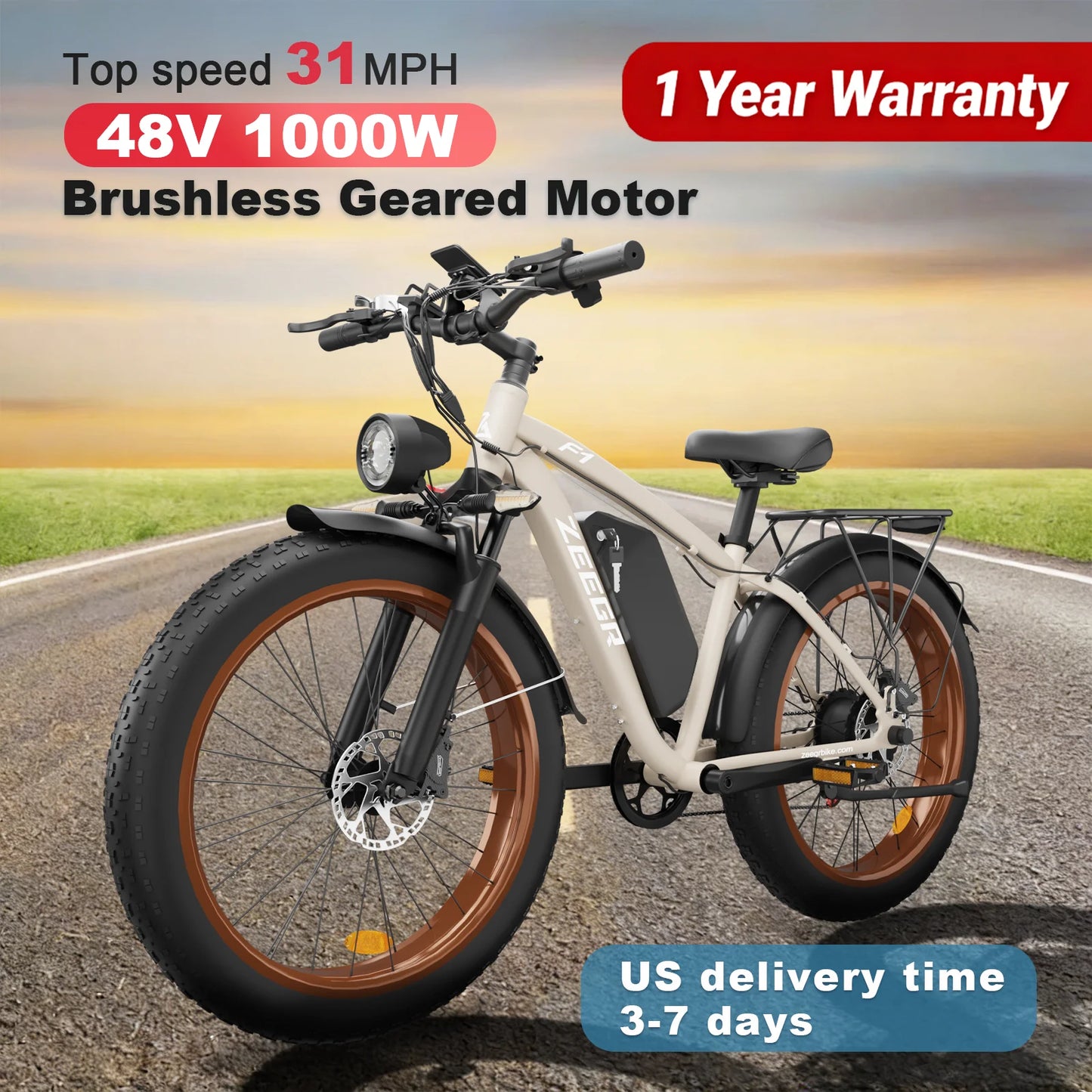 Zeegr F1 Fat Tire Electric Bike 1000W 48V 16Ah Lithium Battery Offroad US Stock