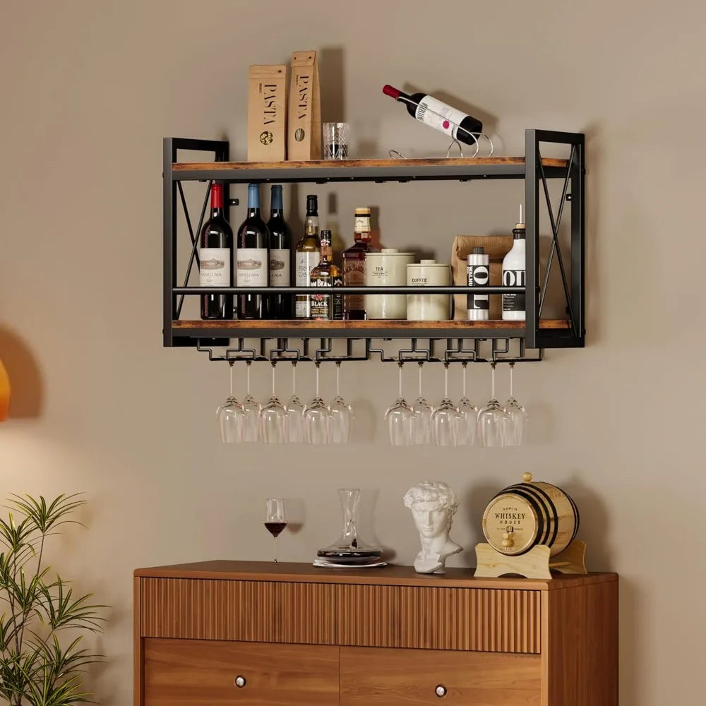 Rustic Wall Mounted Wine Rack With Bottle And Glass Storage