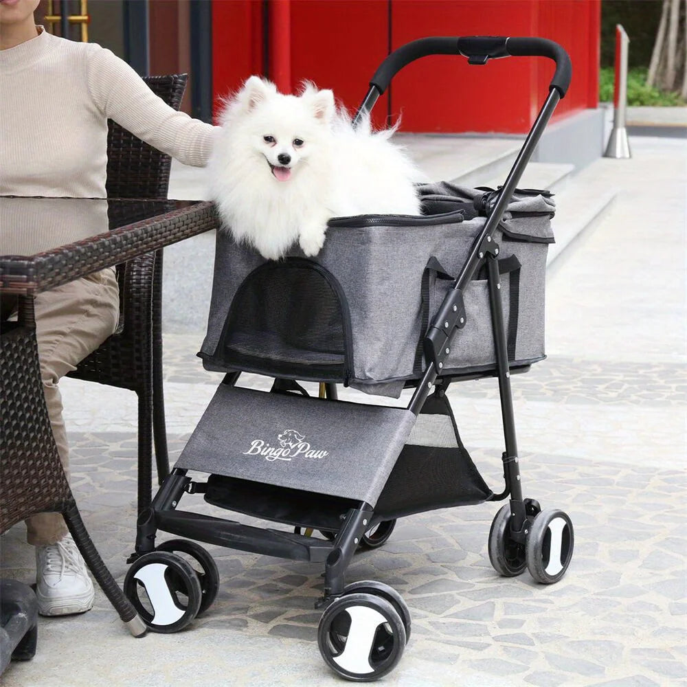 XXL Foldable Pet Stroller For Dogs Travel Jogger Pushchair With Storage Basket Grey 600D Linen