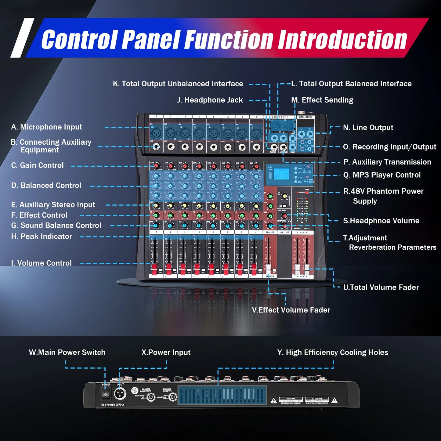 Professional 7/8 Channel Mixer with Bluetooth and USB Input
