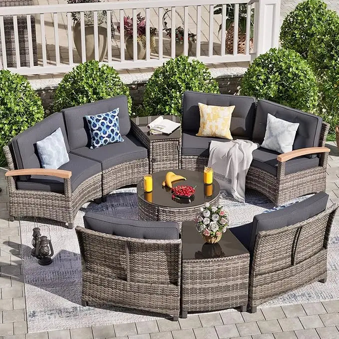 Half Moon Outdoor Patio Rattan Sofa Set With Wood Armrests