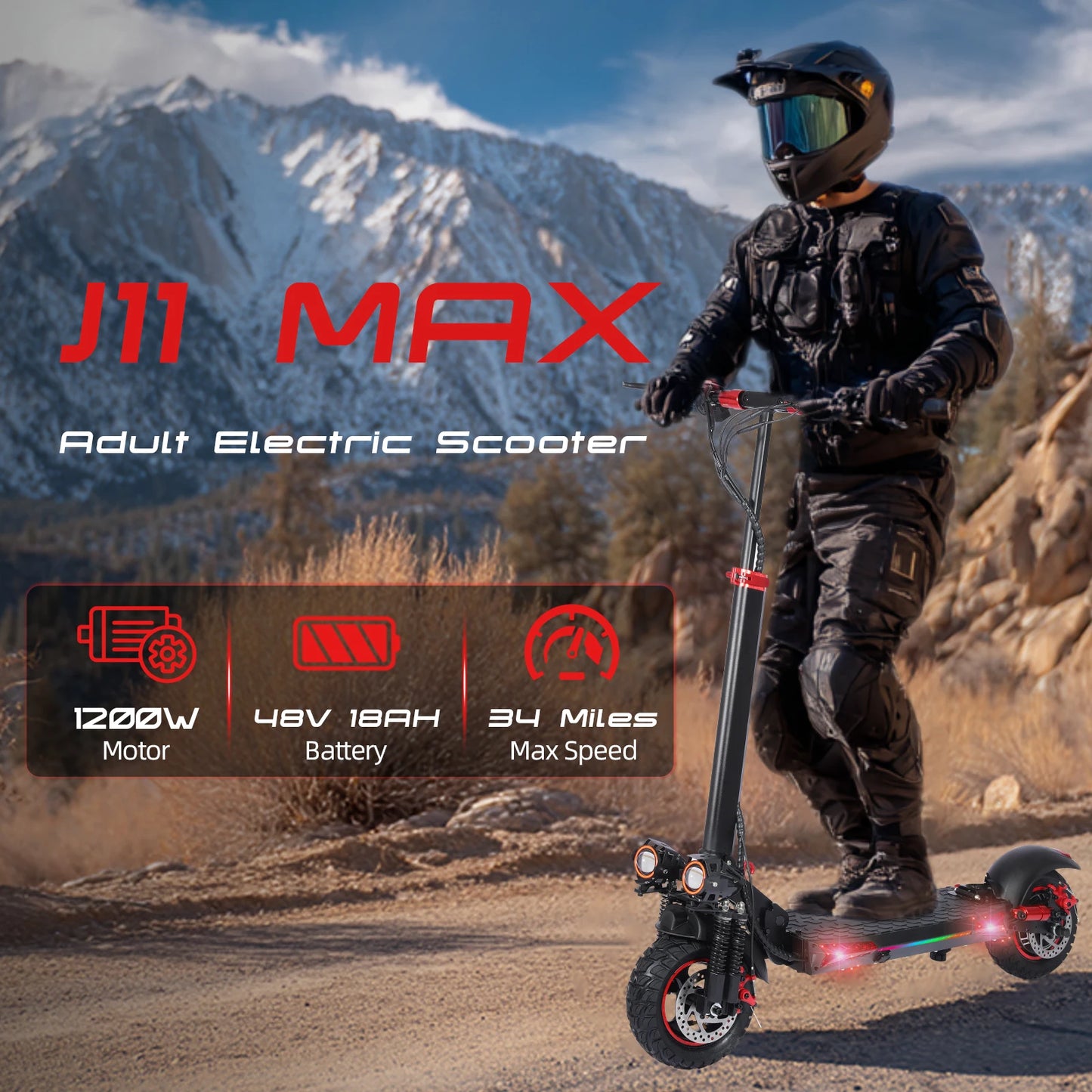 J11 Electric Scooter 1200W Foldable 34mph Top Speed 40 to 60km Range