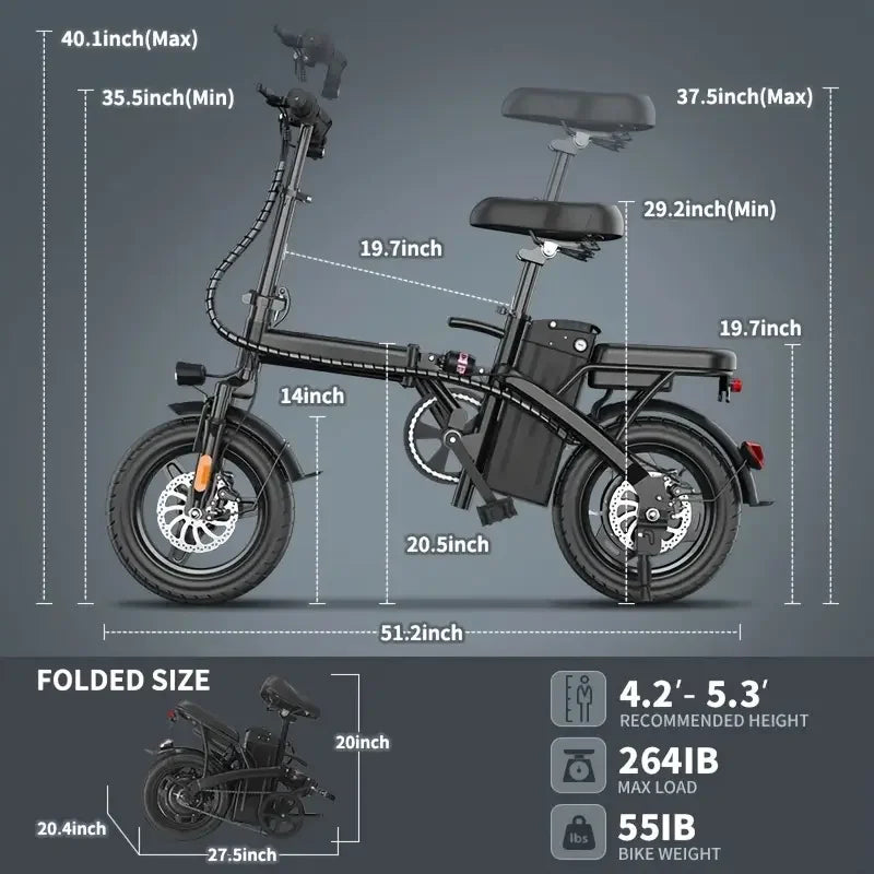14 Inch Folding Electric Mountain Bike 450W 48V 21 Mile Range for Adults