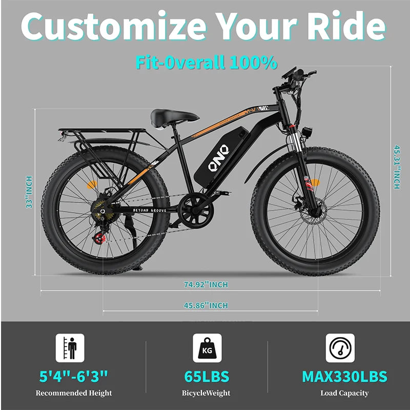 QNQ Q26 Electric Fat Tire Bike 1500W 48V 15Ah Battery Snow E Bike