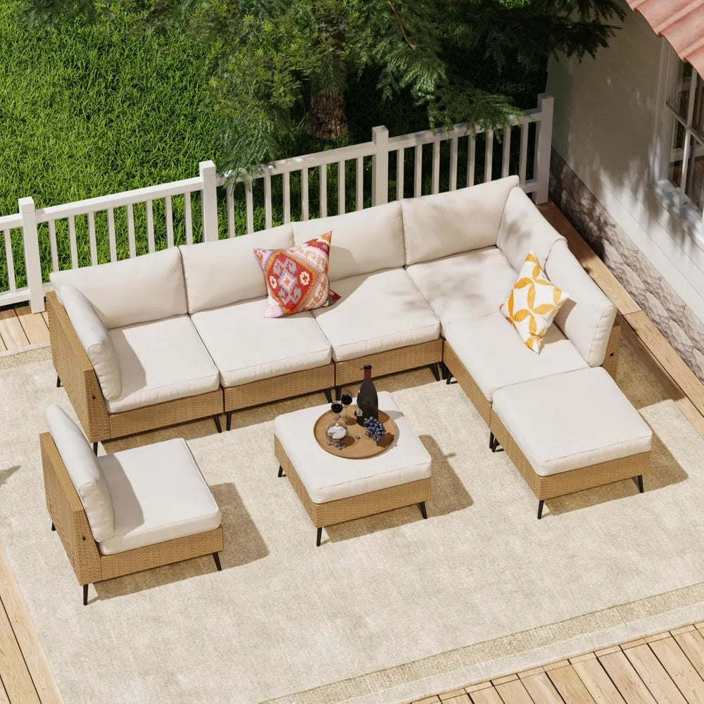 Modern Eight Piece Outdoor Sectional Sofa Rattan Wicker Set