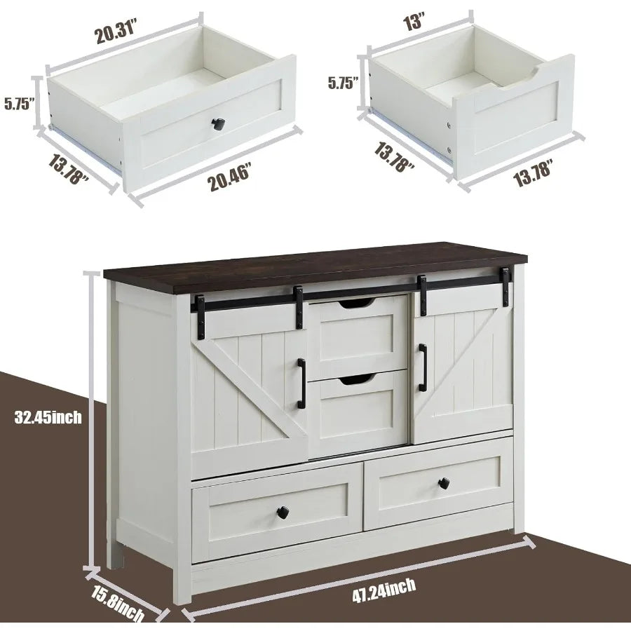 White Farmhouse Dresser Sliding Barn Door 48 Wide 4 Drawers