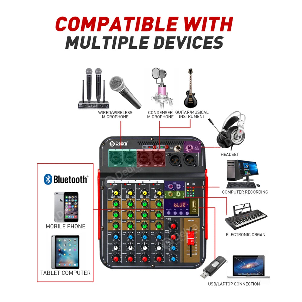 DM4 6 Channel Audio Mixer with Bluetooth and USB Recording