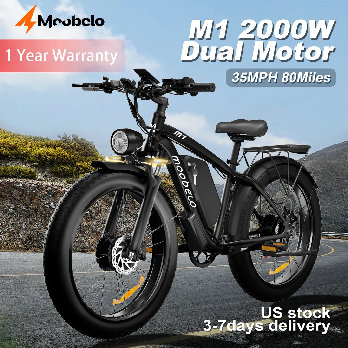Moobelo M1 48V 2000W Dual Motor Fat Tire E Bike Front Suspension 26 Inch