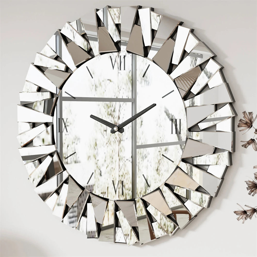 Large 3D Mirrored Wall Clock Sunburst Design 32 Inch - Antland Marketplace