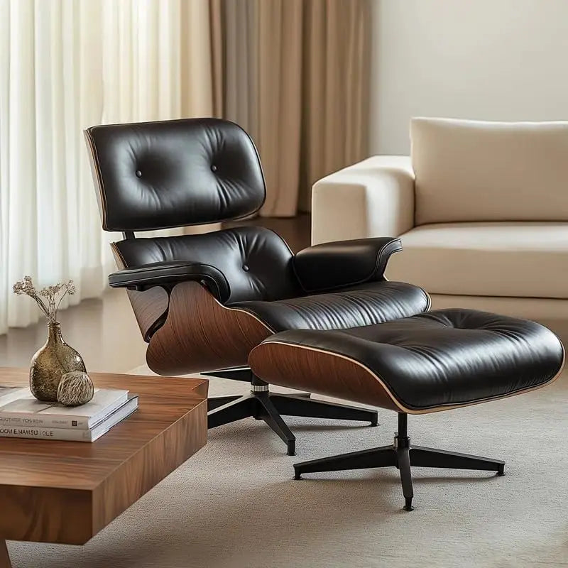 Mid Century Modern Leather Lounge Chair With Ottoman