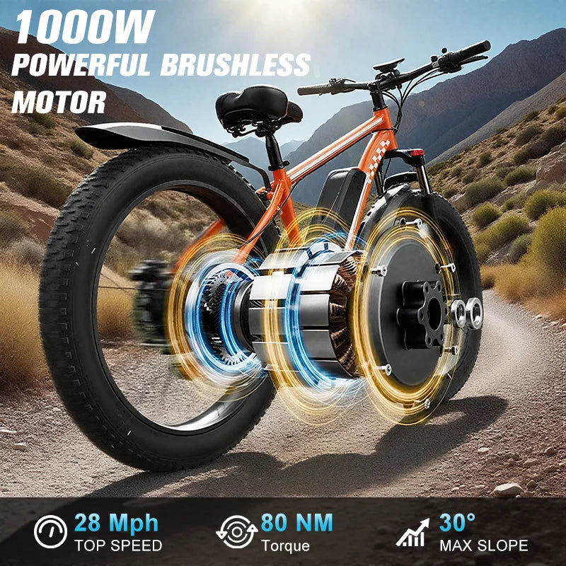 High Power 1000W Fat Tire Electric Bike With 48V Battery