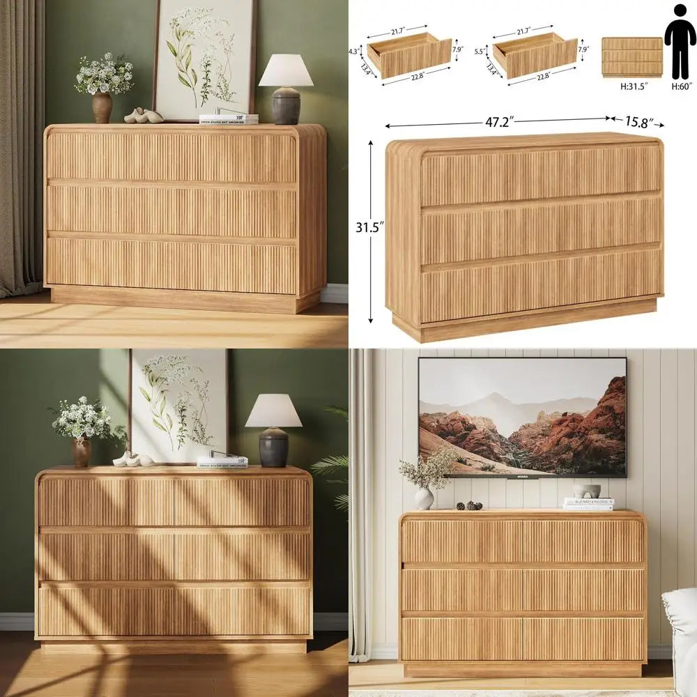 Modern Curved 6 Drawer Dresser 48W Wood Chest Bedroom