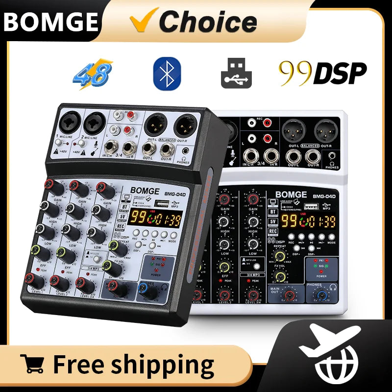 BOMGE 4 Channel DSP Echo DJ Audio Mixer with Bluetooth