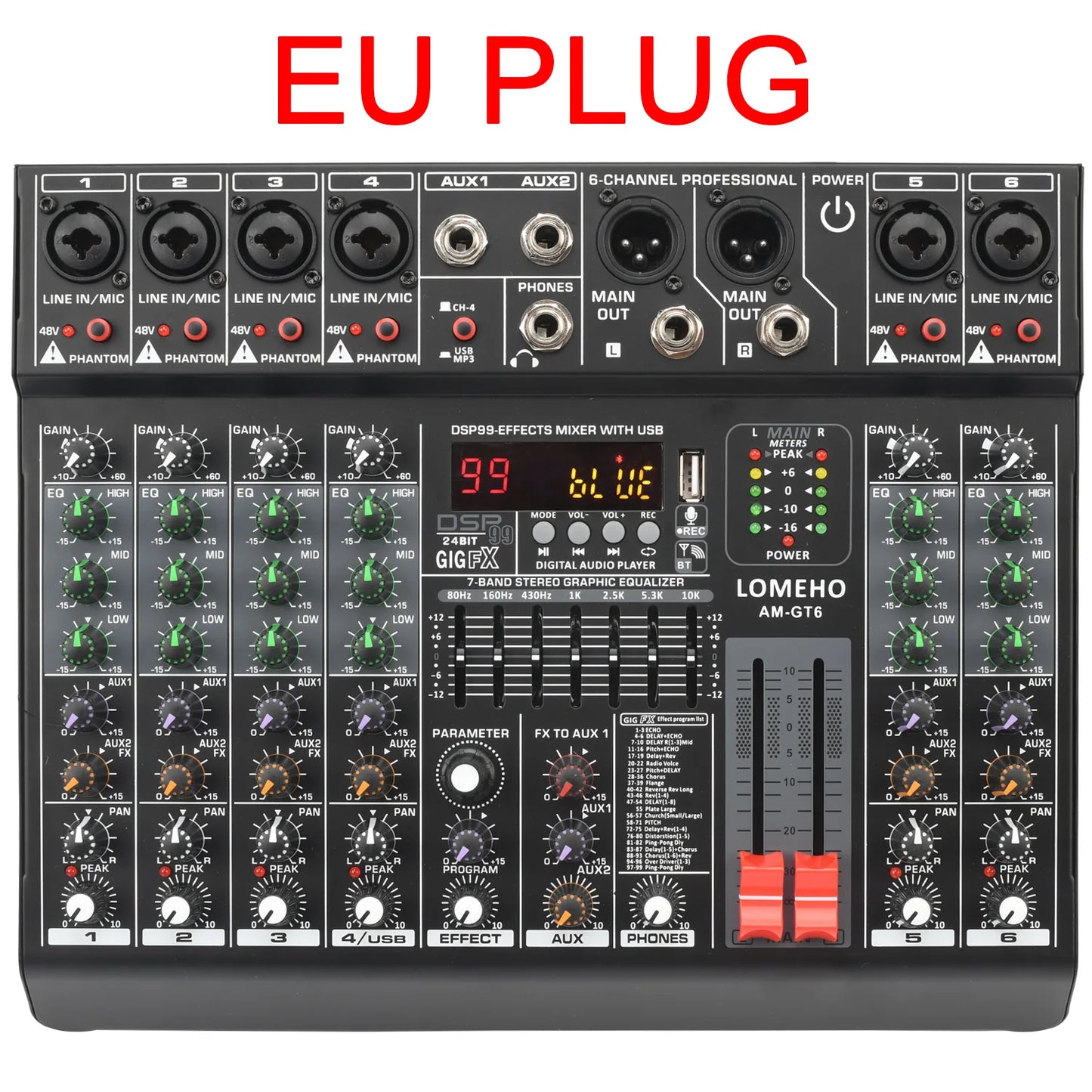 LOMEHO 7 Band EQ Audio Mixer 6 8 Channel DJ Console