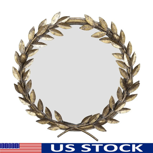Round Metal Laurel Wreath Wall Mirror Gold Accent Decor