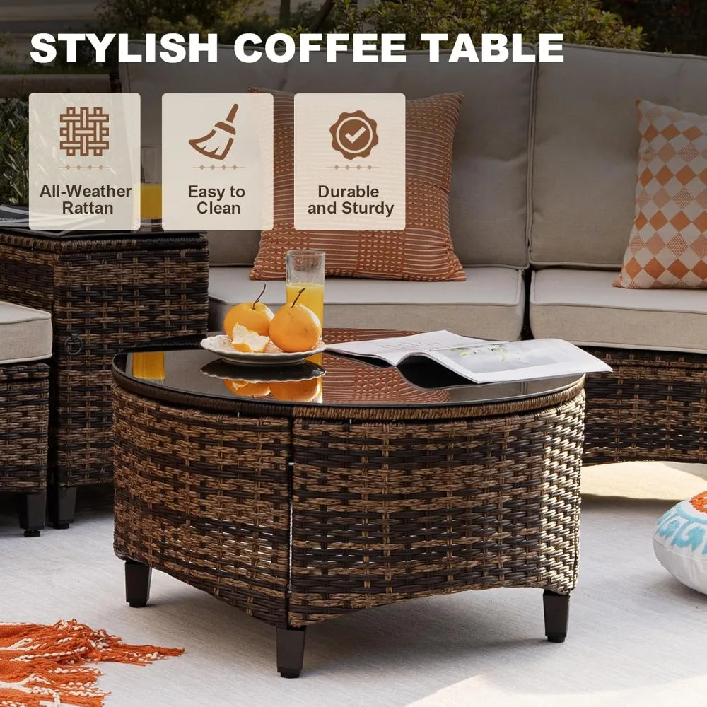 Half Moon Outdoor Patio Rattan Sofa Set With Wood Armrests