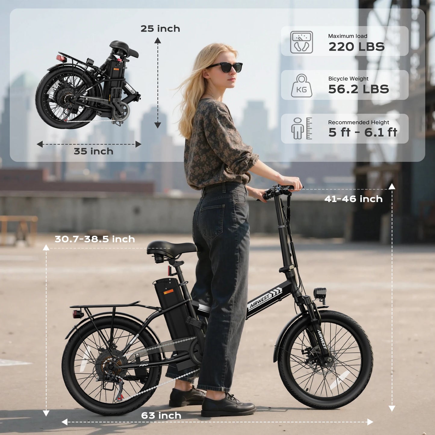 Airwest F20 Adult Electric Bike 750W Peak Motor 20 Inch Tires