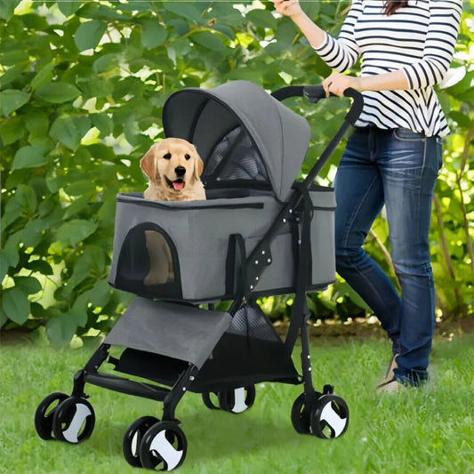 XXL Foldable Pet Stroller For Dogs Travel Jogger Pushchair With Storage Basket Grey 600D Linen