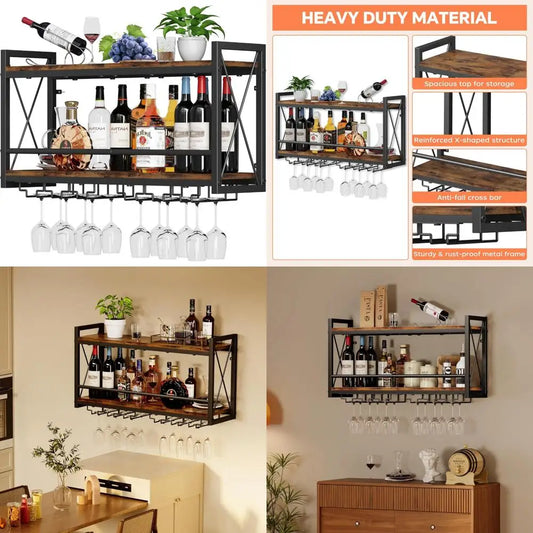Rustic Wall Mounted Wine Rack With Bottle And Glass Storage