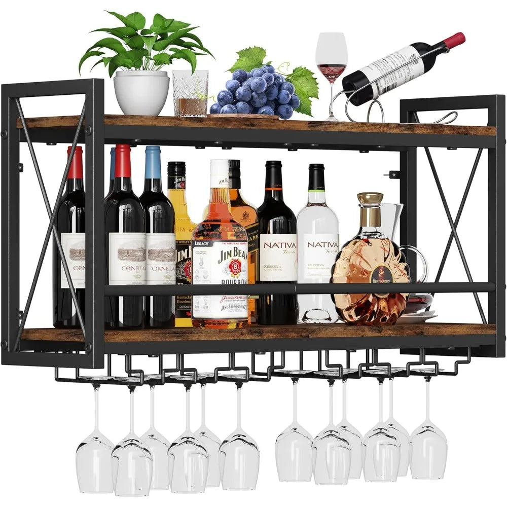 Rustic Wall Mounted Wine Rack With Bottle And Glass Storage