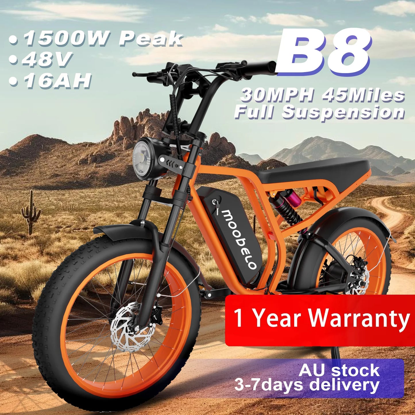 Moobelo B8 All Weather Winter Ebike 1500W Peak 30MPH Full Suspension Snow