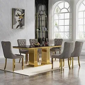 Modern Seven Piece Faux Marble Dining Set For 6 With Chairs
