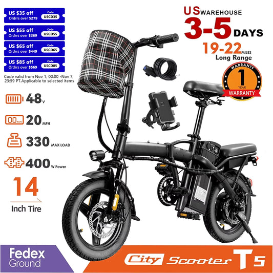 14 Inch Folding Electric Bike With 400W Motor And 48V Removable Battery UL 2849