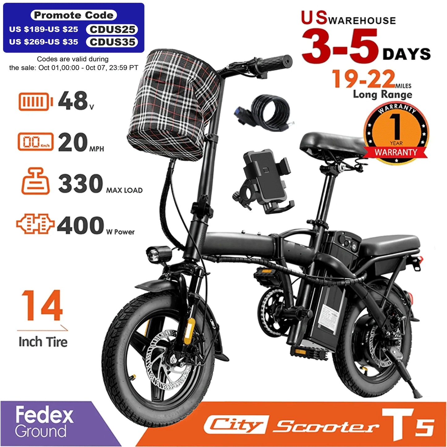 14 Inch Folding Electric Bike With 400W Motor And 48V Removable Battery UL 2849