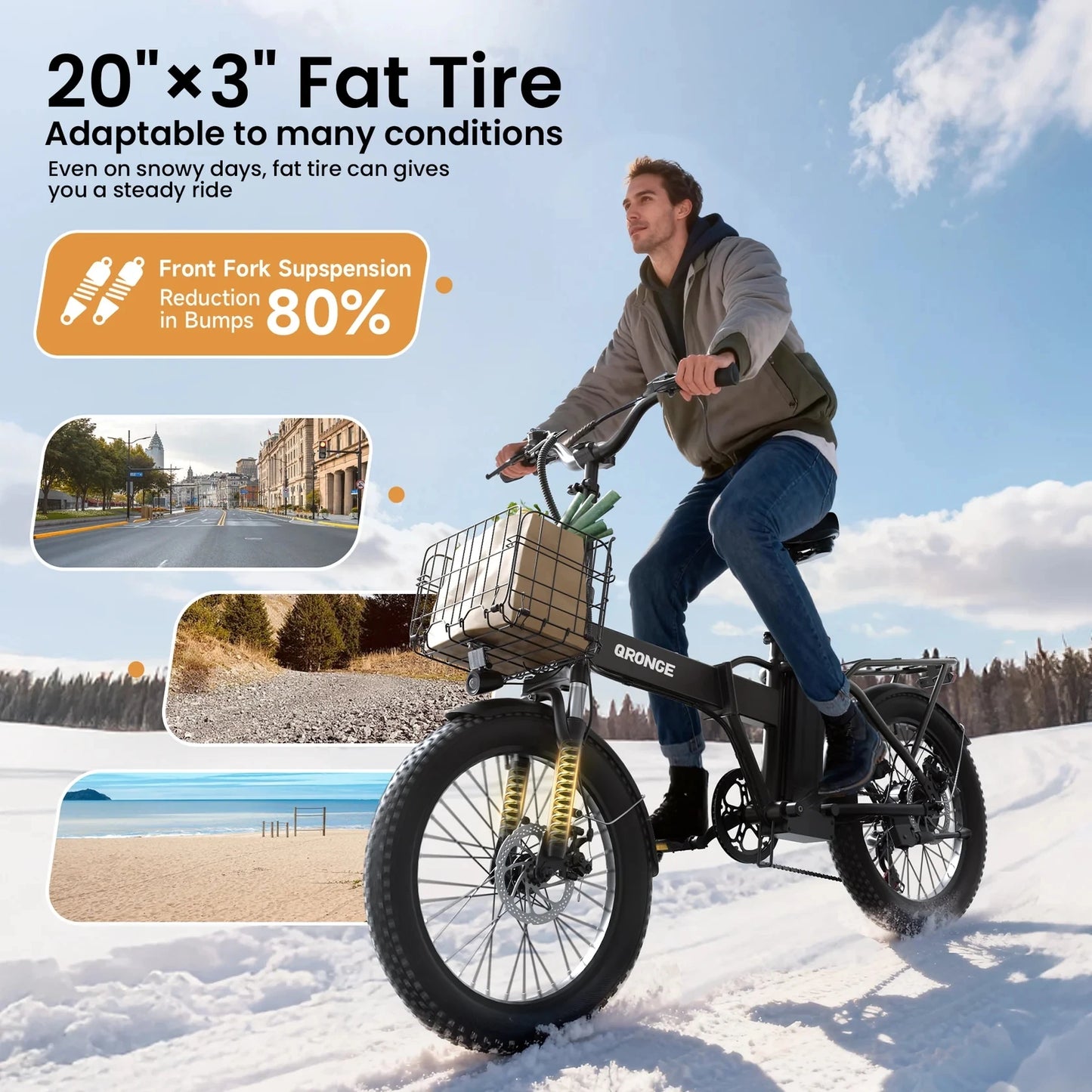 QRONGE Folding Electric Bike 1000W 28 MPH 48V Removable Battery 20 Inch Fat Tire