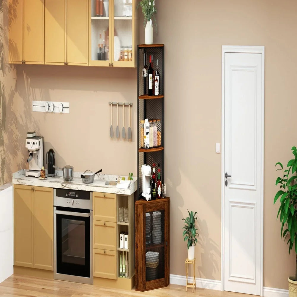 65 Inch Corner Cabinet With Doors 6 Tier Storage Wine Glass