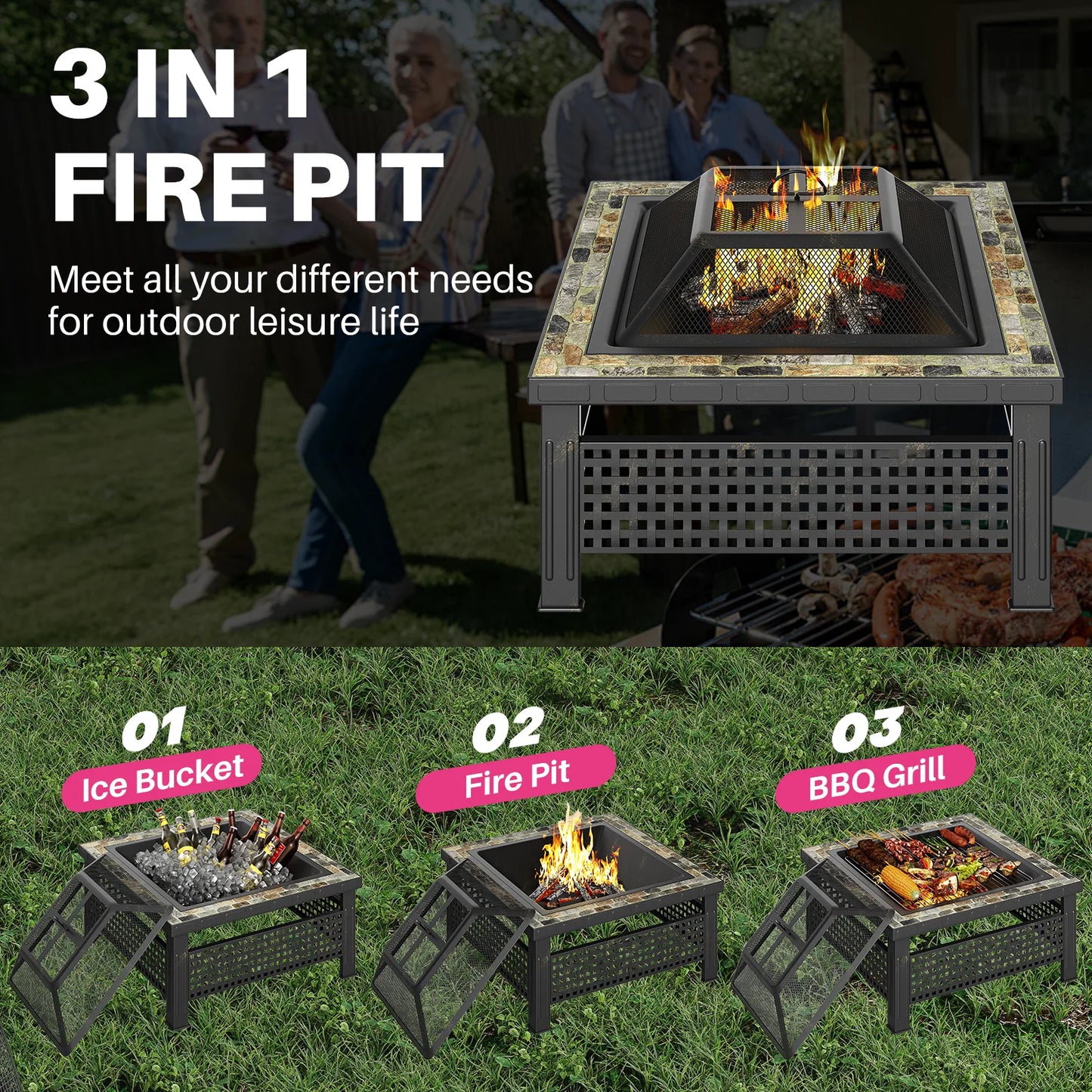 30 Inch Fire Pit Outdoor Table With Mesh Lid And Poker